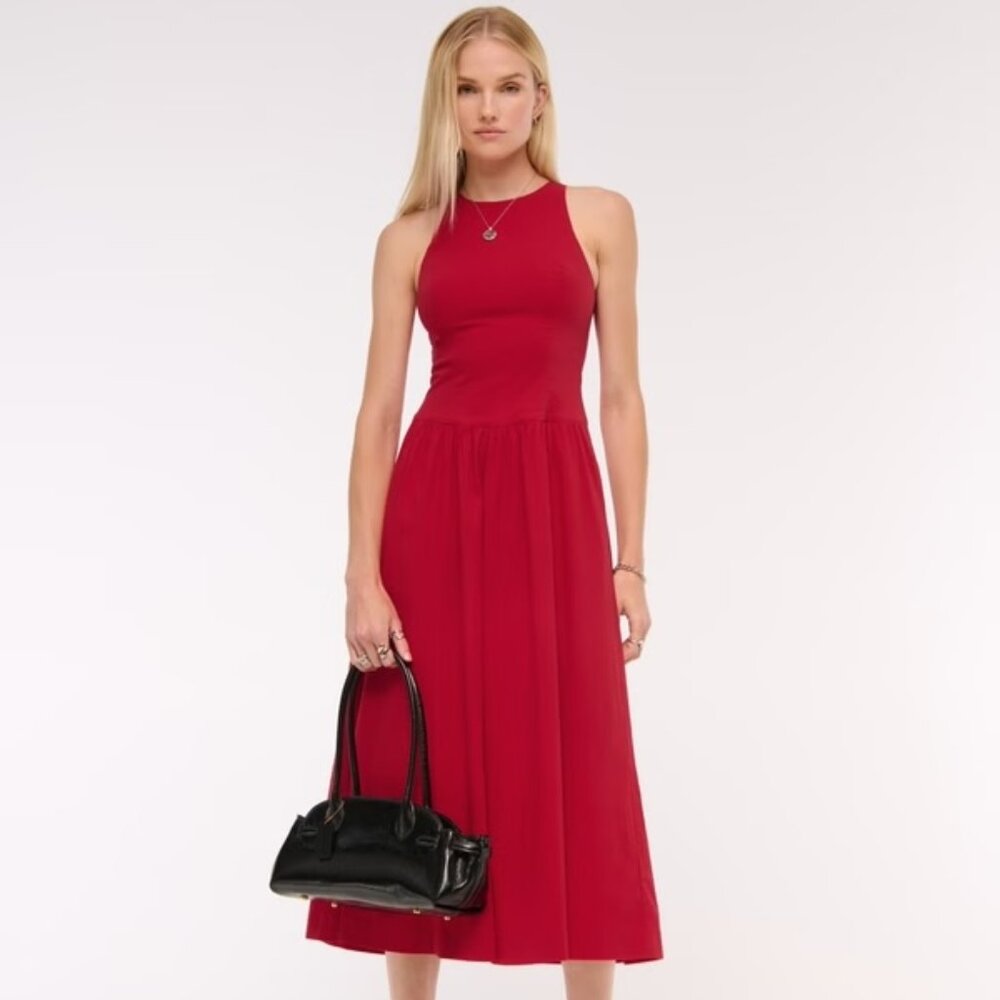 Abercrombie & Fitch Cotton High-Neck Drop-Waist Midi Dress in Vivid Red